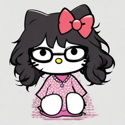 Create an image of Hello Kitty with medium-length curly black hair and bangs