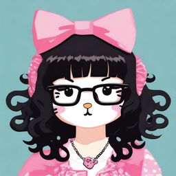 Create an image of Hello Kitty with medium-length curly black hair and bangs