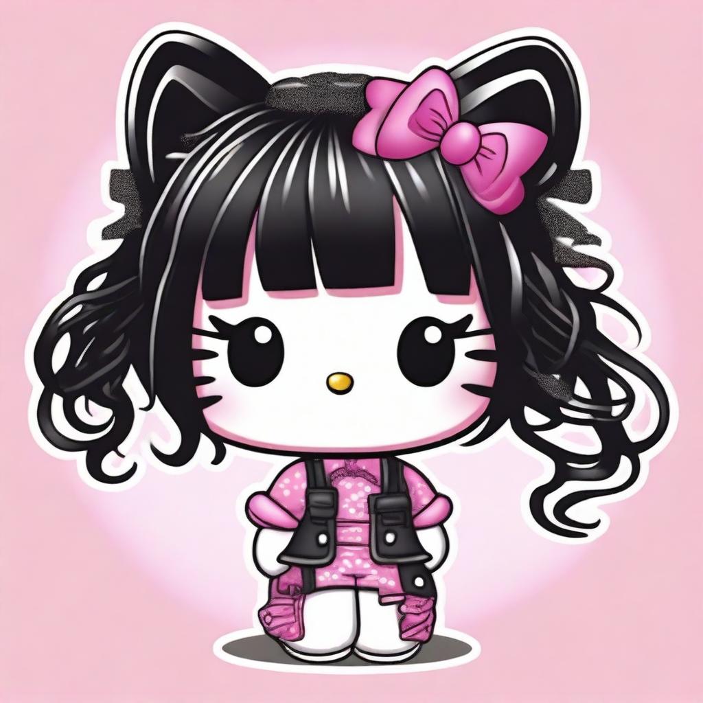 Create an image of Hello Kitty in a Y2K style with curly black hair and curly bangs