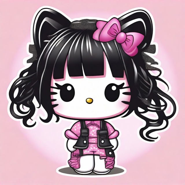 Create an image of Hello Kitty in a Y2K style with curly black hair and curly bangs