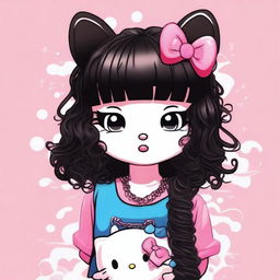 Create an image of Hello Kitty in a Y2K style with curly black hair and curly bangs