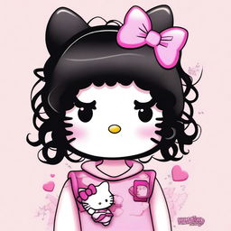 Create an image of Hello Kitty in a Y2K style with curly black hair and curly bangs