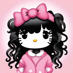 Create an image of Hello Kitty in a Y2K style with curly black hair and curly bangs