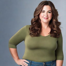 A realistic photo of a woman with a size 10 figure and a curvy body