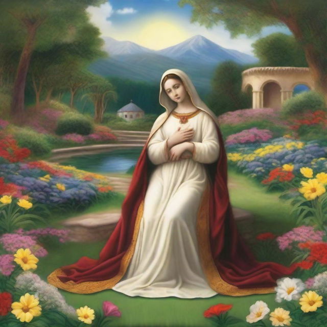 Create an image featuring the Virgin of Carmen surrounded by beautiful nature and winding paths