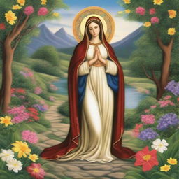 Create an image featuring the Virgin of Carmen surrounded by beautiful nature and winding paths