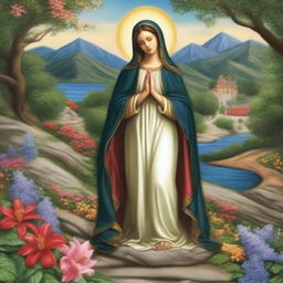 Create an image featuring the Virgin of Carmen surrounded by beautiful nature and winding paths