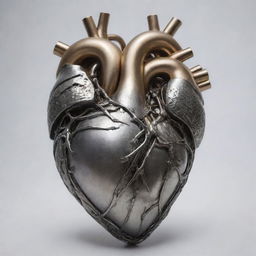 A human heart shielded by lustrous metal plates, intricately assembled to form a protective layer.