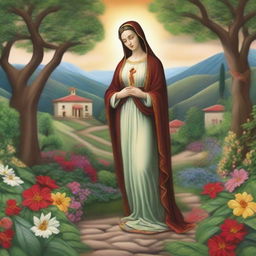 Create an image featuring the Virgin of Carmen surrounded by beautiful nature and winding paths