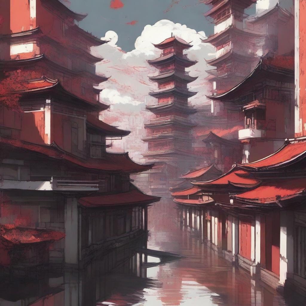 Create an image of a city with keeps and flat-roofed buildings in a mixed art style of anime and painting