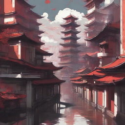 Create an image of a city with keeps and flat-roofed buildings in a mixed art style of anime and painting