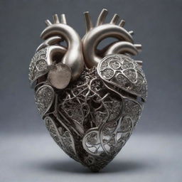 A human heart shielded by lustrous metal plates, intricately assembled to form a protective layer.