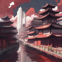 Create an image of a city with keeps and flat-roofed buildings in a mixed art style of anime and painting