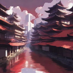 Create an image of a city with keeps and flat-roofed buildings in a mixed art style of anime and painting