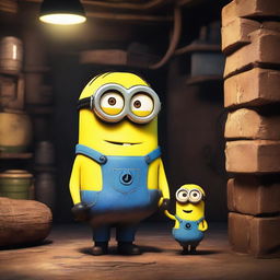 A Minion from the Despicable Me series standing next to a little girl in a dimly lit basement