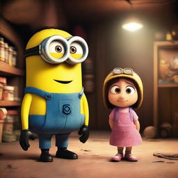 A Minion from the Despicable Me series standing next to a little girl in a dimly lit basement