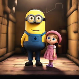 A Minion from the Despicable Me series standing next to a little girl in a dimly lit basement