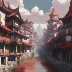 Create an image of a medieval-type city with keeps and flat-roofed buildings in a mixed art style of anime and painting