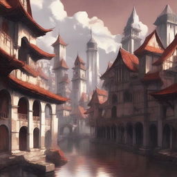 Create an image of a medieval-type city with keeps and flat-roofed buildings in a mixed art style of anime and painting