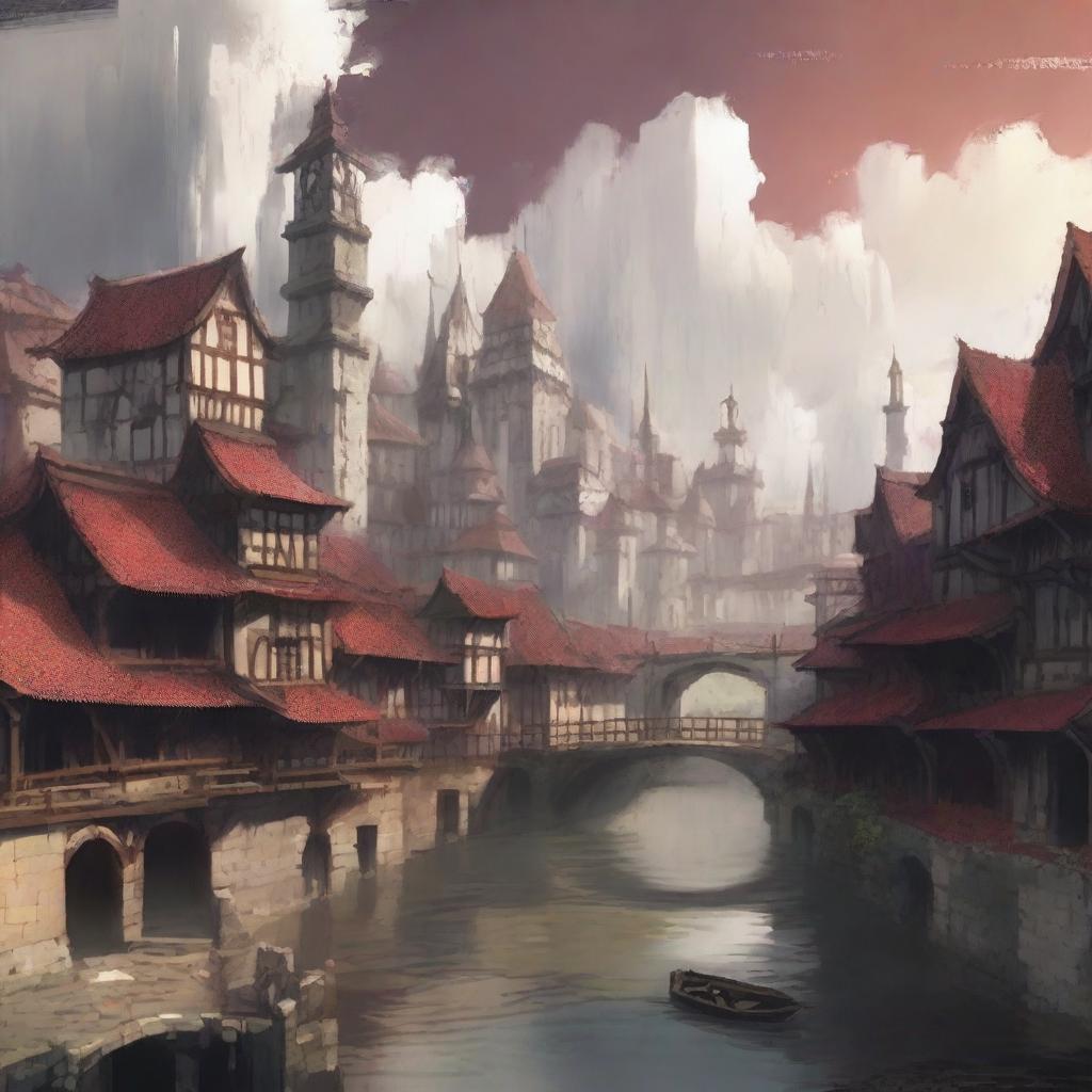 Create an image of a medieval-type city with keeps and flat-roofed buildings in a mixed art style of anime and painting