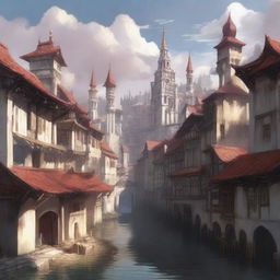 Create an image of a medieval-type city with keeps and flat-roofed buildings in a mixed art style of anime and painting