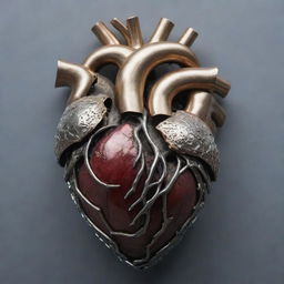 A human heart shielded by lustrous metal plates, intricately assembled to form a protective layer.