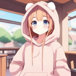 A cute anime girl wearing a cozy hoodie