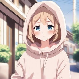 A cute anime girl wearing a cozy hoodie