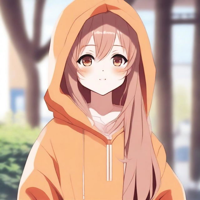 A cute anime girl with long hair wearing an orange hoodie