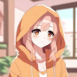 A cute anime girl with long hair wearing an orange hoodie