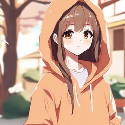 A cute anime girl with long hair wearing an orange hoodie