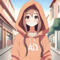 A cute anime girl with long hair wearing an orange hoodie