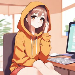 A cute anime girl with long hair wearing an orange hoodie is sitting on a chair with her legs raised