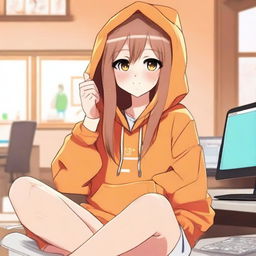 A cute anime girl with long hair wearing an orange hoodie is sitting on a chair with her legs raised