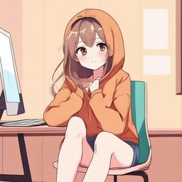 A cute anime girl with long hair wearing an orange hoodie is sitting on a chair with her legs raised