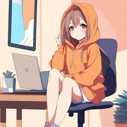 A cute anime girl with long hair wearing an orange hoodie is sitting on a chair with her legs raised