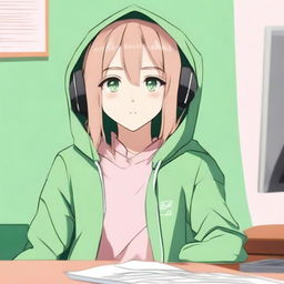 An anime boy with long hair, looking somewhat like a girl, is wearing a green hoodie with ears that have flopped down