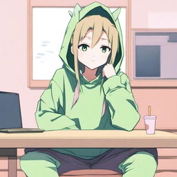 An anime boy with long hair, looking somewhat like a girl, is wearing a green hoodie with ears that have flopped down