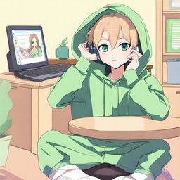 An anime boy with long hair, looking somewhat like a girl, is wearing a green hoodie with ears that have flopped down