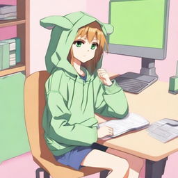 An anime boy with long hair, looking somewhat like a girl, is wearing a green hoodie with ears that have flopped down