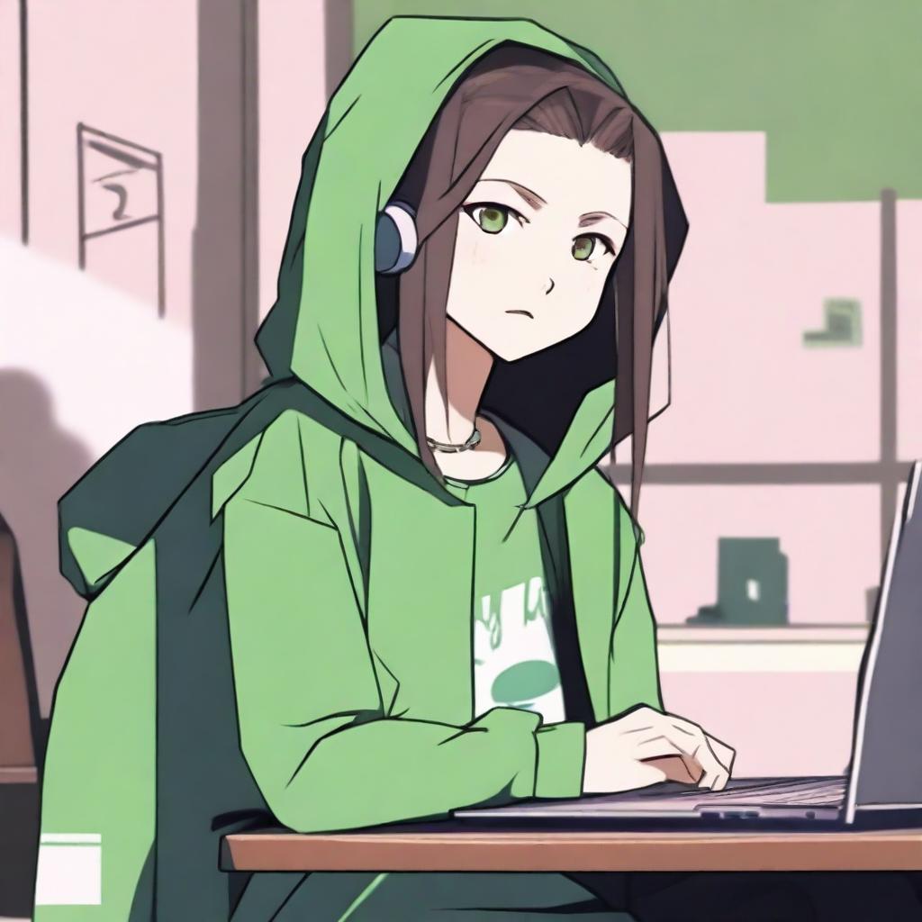 An anime boy with long hair, looking somewhat like a girl, is wearing a green hoodie with colic ears inspired by the character Feng Min from the game 'Dead by Daylight'