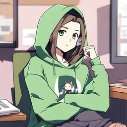 An anime boy with long hair, looking somewhat like a girl, is wearing a green hoodie with colic ears inspired by the character Feng Min from the game 'Dead by Daylight'