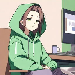 An anime boy with long hair, looking somewhat like a girl, is wearing a green hoodie with colic ears inspired by the character Feng Min from the game 'Dead by Daylight'