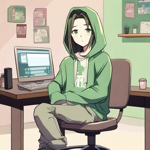 An anime boy with long hair, looking somewhat like a girl, is wearing a green hoodie with colic ears inspired by the character Feng Min from the game 'Dead by Daylight'