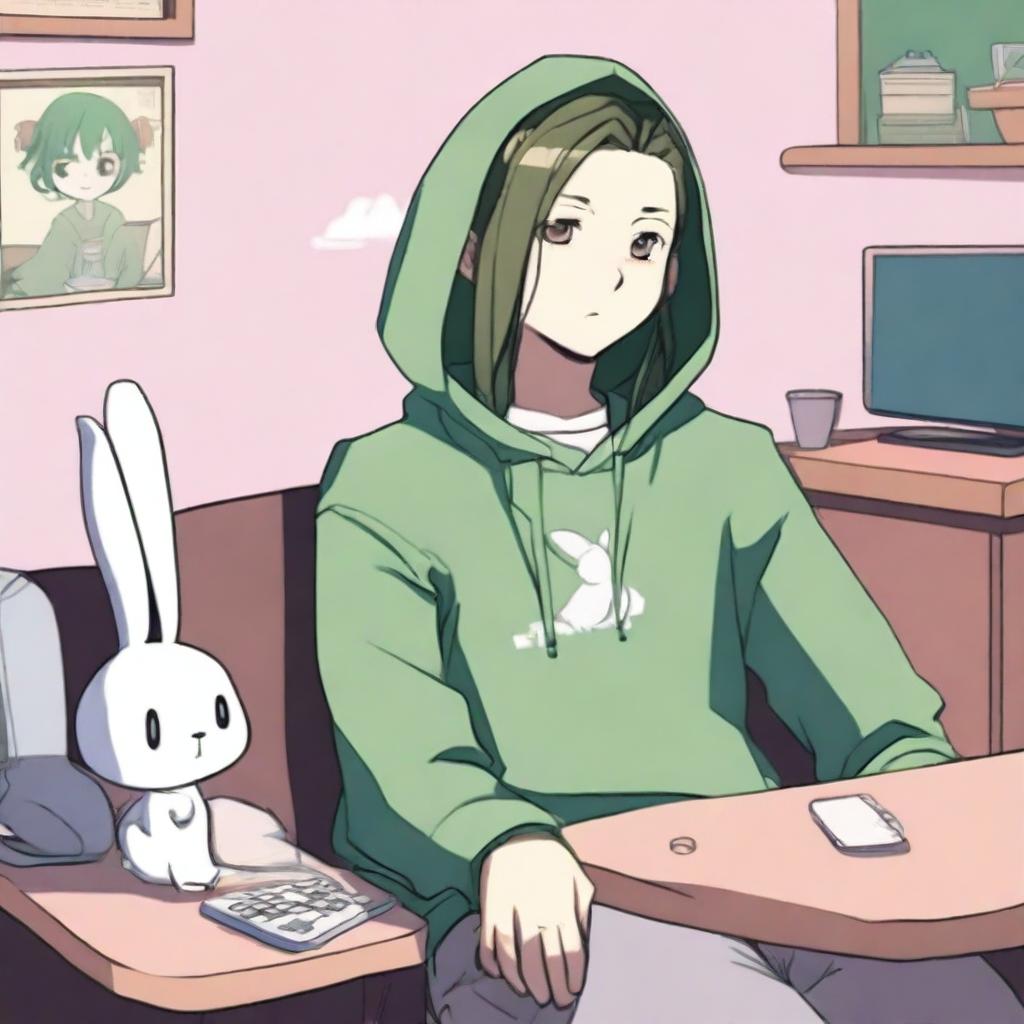 An anime boy with long hair, looking somewhat like a girl, is wearing a green hoodie with bunny ears inspired by the character Feng Min from the game 'Dead by Daylight'