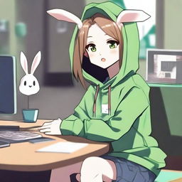 An anime boy with long hair, looking somewhat like a girl, is wearing a green hoodie with bunny ears inspired by the character Feng Min from the game 'Dead by Daylight'