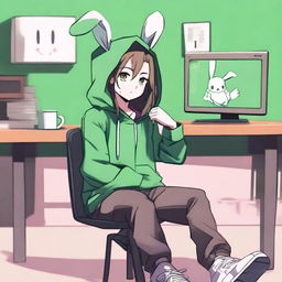 An anime boy with long hair, looking somewhat like a girl, is wearing a green hoodie with bunny ears inspired by the character Feng Min from the game 'Dead by Daylight'