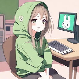 An anime boy with long hair, looking somewhat like a girl, is wearing a green hoodie with bunny ears inspired by the character Feng Min from the game 'Dead by Daylight'