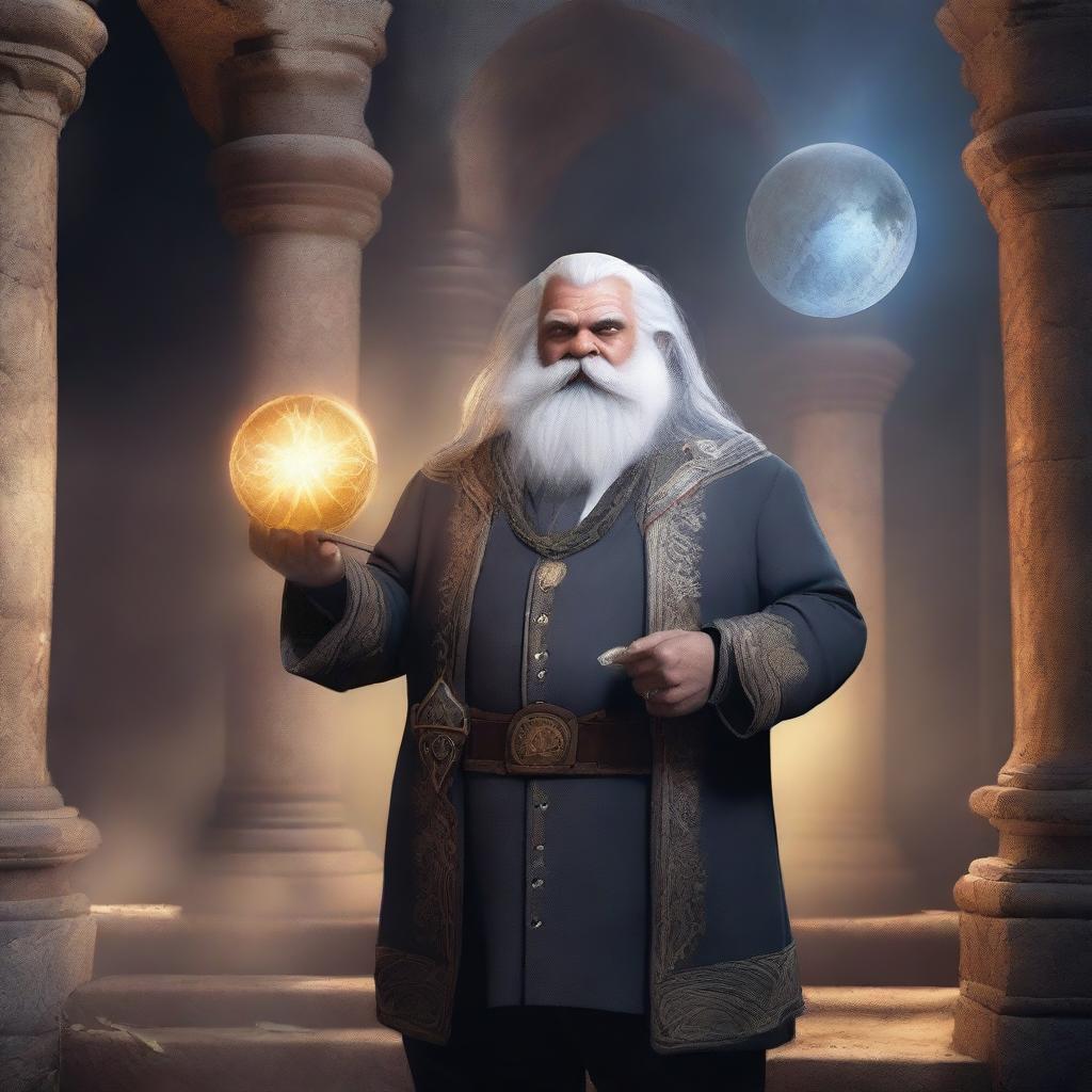 A dwarf cleric with blind eyes and grey hair, dressed in a sharp tuxedo