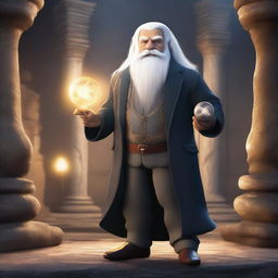 A dwarf cleric with blind eyes and grey hair, dressed in a sharp tuxedo